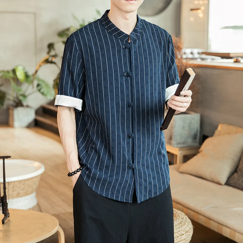 Camisa japonesa cómoda de lino transpirable para hombre, camiseta a rayas, cárdigan de punto de plumas Yukata asiática, traje Tang de talla grande