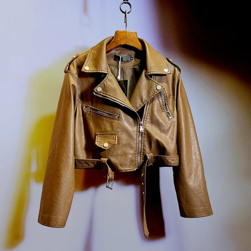 Korean Style Woman's Short Pink Leather Coat 2022 New Autumn and Winter Motorcycle Clothing Women's Cool Handsome Leather Jacket