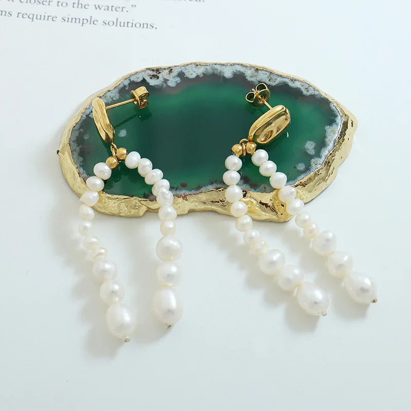 

Chic Unique Elegant Oval Freshwater Pearl Tassel Earring Stud Women Girl Party Stainless Steel Jewelry Charm Trendy Wholesale