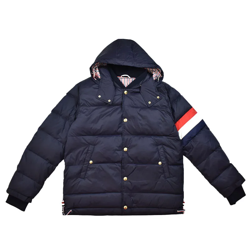TB THOM Jackets Striped Sleeves Winter Men's Thermal Puffer Jacket Fashion Brand Down-Filled Women Hooded Loose Casual Male Coat