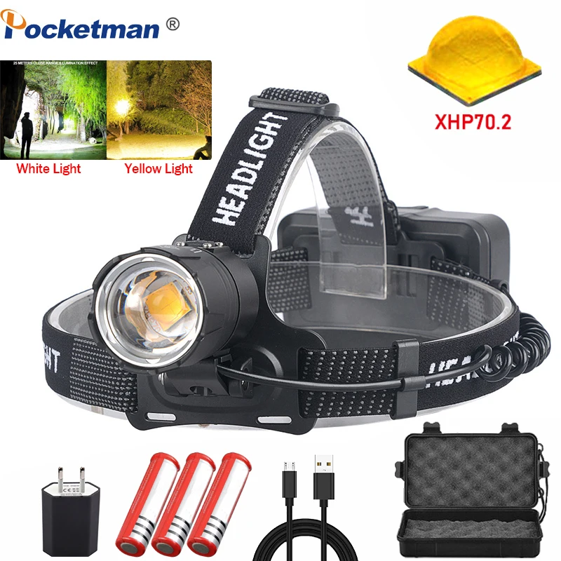 

8000LM XHP70.2 Led Headlamp XHP70 Most Powerful Yellow or White Led Headlight Fishing Camping ZOOM Torch Use 3*18650 batteries