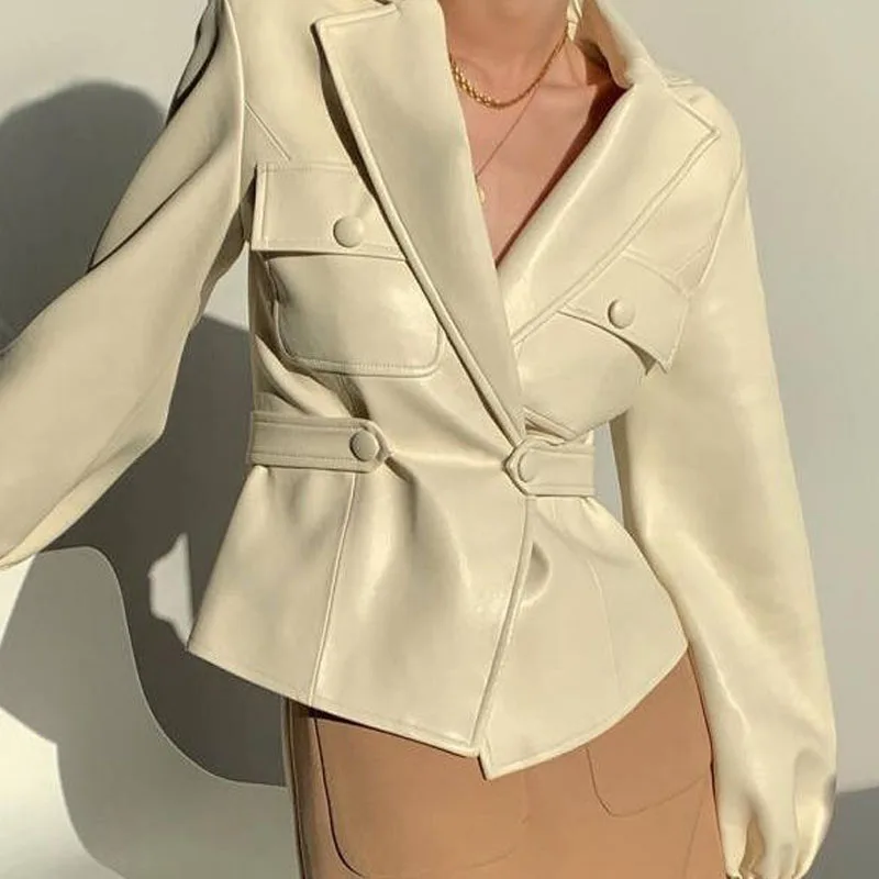 1pcs Womens Short PU Leather Jackets Coat 2022 Autumn New Faux Fur Buttons Splicing Small Pocket Ladies Skinny Locomotive Coats