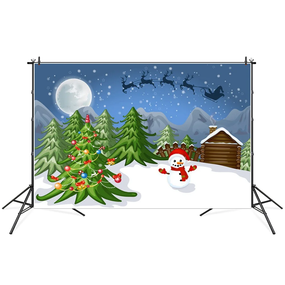 

Рождественская елка Снеговик луна ночь олень сани фотографии фоны на заказ вечерние украшение дома фотобудка фоны