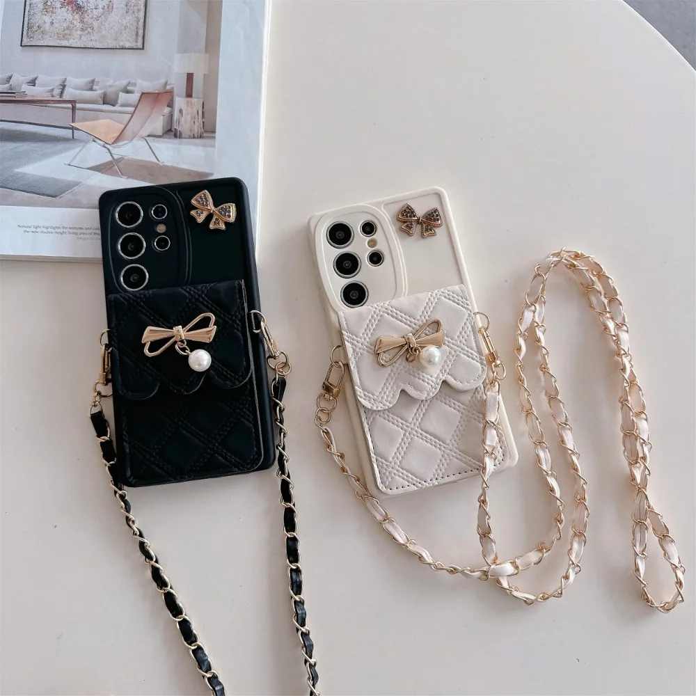 Чехол-кошелек с 3D бантом для карт через плечо Samsung Galaxy S25 Ultra S24 S23 S21 S20 FE S22 + Plus Note 20