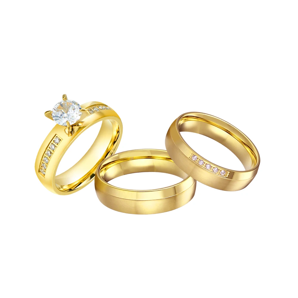 3pcs Statement Promise Wedding Engagement Rings Sets For Alliances Matte 24k Gold Plated Jewelry Ring Women