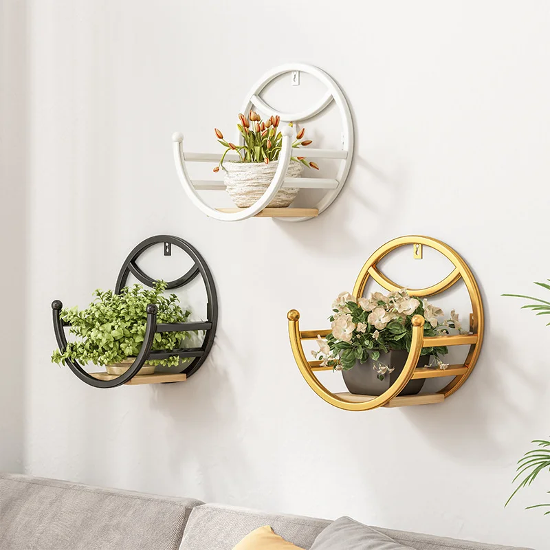 

Ins Grid Plant Shelves Wrought Iron Wall Hanging Flower Pots Combination With Metal Rack Solid Wood Tray Indoor Gardening