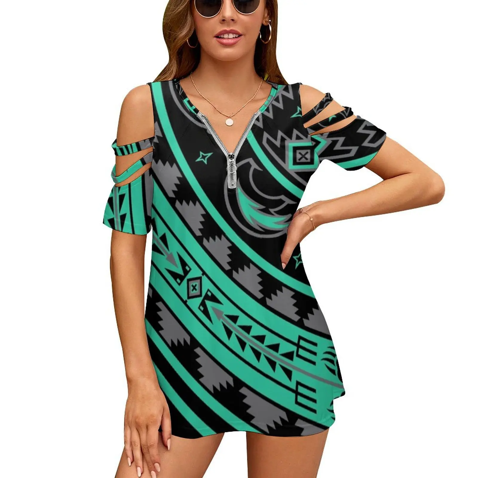 Bear Spirit Aqua Новая мода Топ с открытыми плечами на молнии короткими рукавами Женская