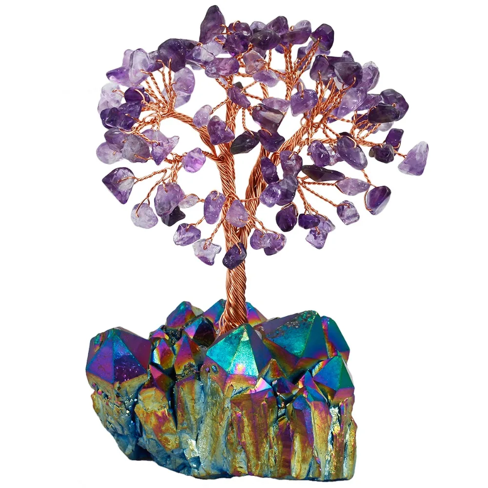 

TUMBEELLUWA Natural Amethyst Money Tree Rainbow Aura Titanium Crystal Cluster Base Bonsai Figurine For Wealth And Luck 4 Inch