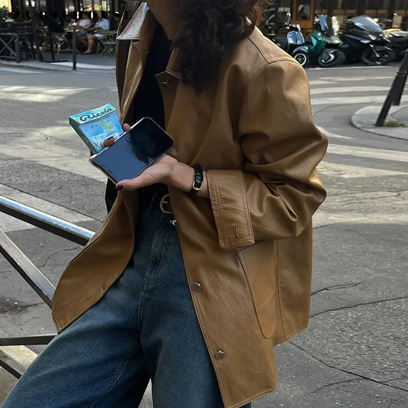 

Vintage Leather Jacket for Women Spring Autumn 2023 New Simple Fashion Metal Single-breasted Brown PU Leather Jackets abrigos
