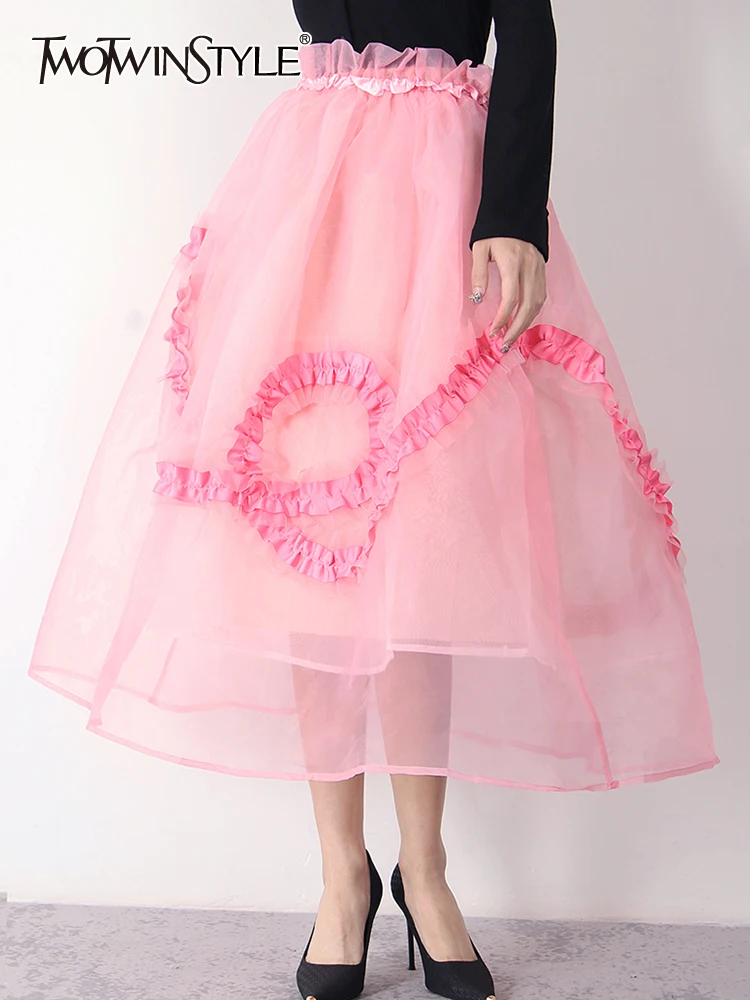 

TWOTWINSTYLE Ruffle Trim Sweet Pink Skirt For Women High Waist Loose Soldi Midi Skirts Female Fashion Clothing Style New 2022