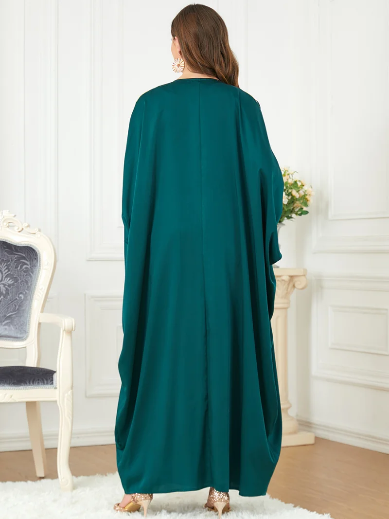 Moroccan Kaftan Batwing Sleeve Appliques Patchwork Cardigan Maxi Long Dresses Solid Green Casual Loose Muslim Abaya Dress Dubai