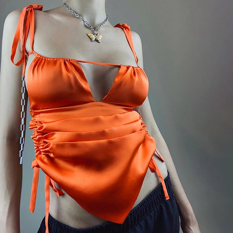 

Женская кофта с глубоким V-образным вырезом, привлекательная плиссированная Облегающая майка оранжевого цвета с лямкой на шее