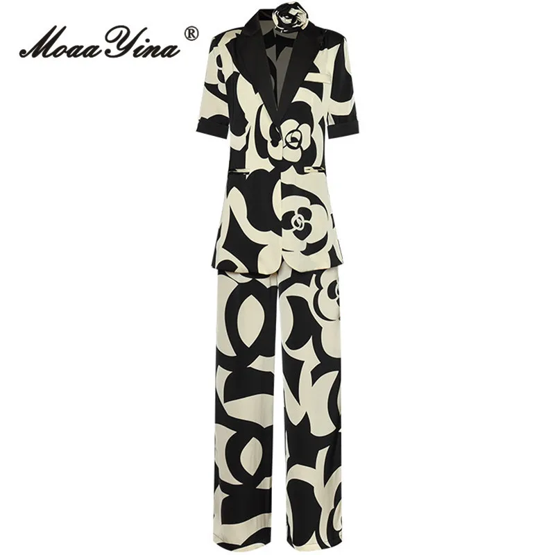 

MoaaYina, весенний модный подиумный винтажный комплект со штанами с принтом, Женский приталенный костюм с лацканами, пальто + прямые брюки с эластичной резинкой на талии, комплект из 2 предметов
