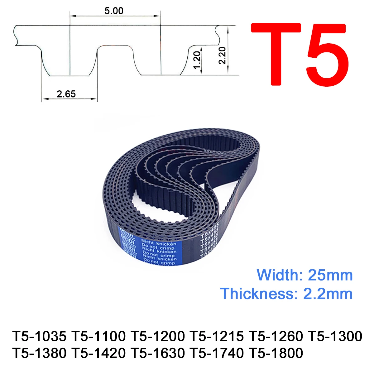 

1Pc Width 25mm T5 Rubber Trapezoid Tooth Timing Belt Pitch Length 1035 1100 1200 1215 1260 1300 1380 1420 1630 1740 1800mm