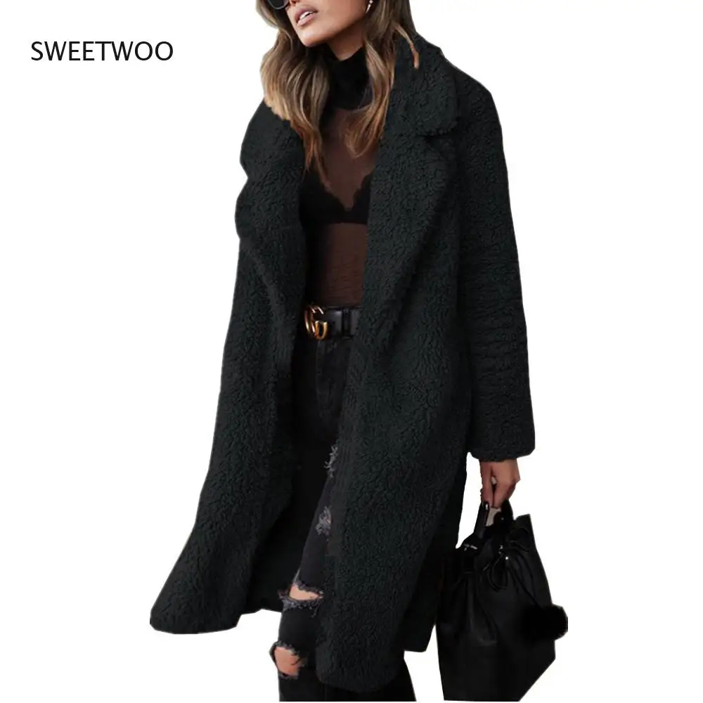 Autumn Winter Women Beige Teddy Faux Fur Coat Thick Fleece Warm Casual Girl Pockets Solid Long Sleeve Open Stitch Ladies Coats