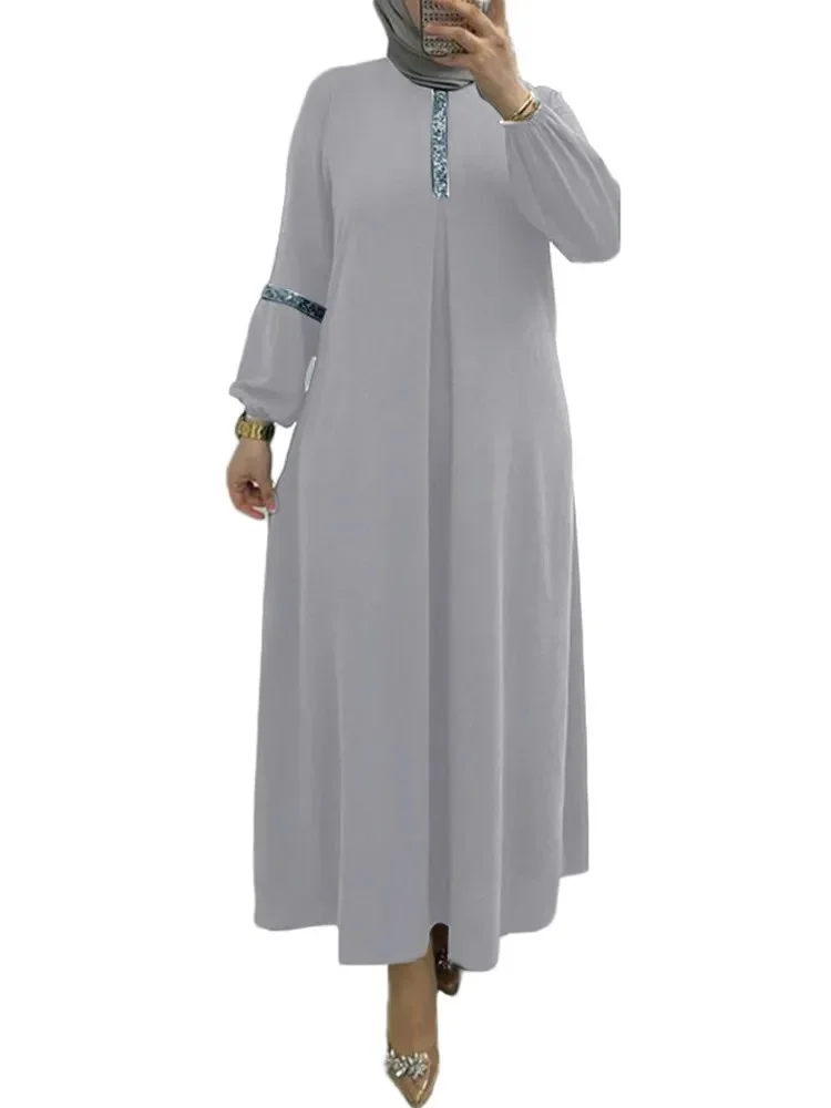 Fashion Muslim Abaya Moroccan Casual Sequins Dress Women Sundress Solid Party Holiday Vestido Long Sleeve Islamic Clothing Eid