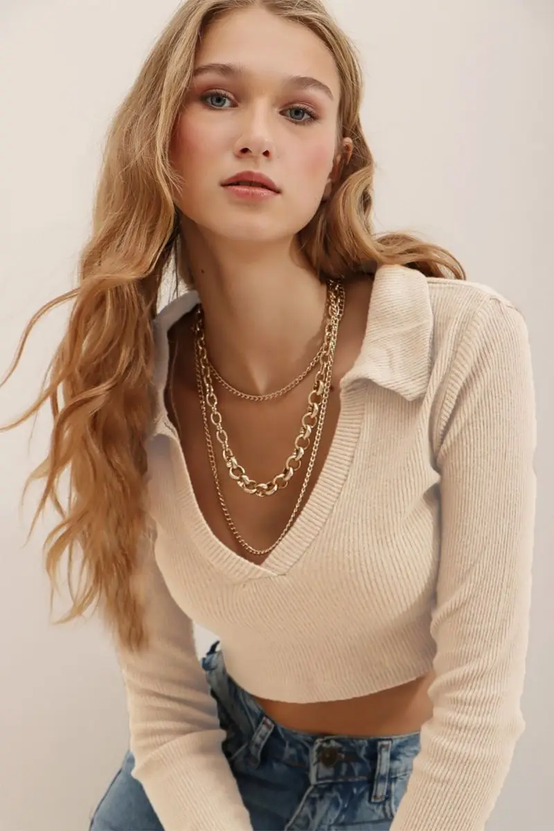 

Women's Beige Polo Collar Ribbed Soft Textured Crop Top Blouse, 2022 Trend Quality Fabric Turkey Production Fashion Blouse