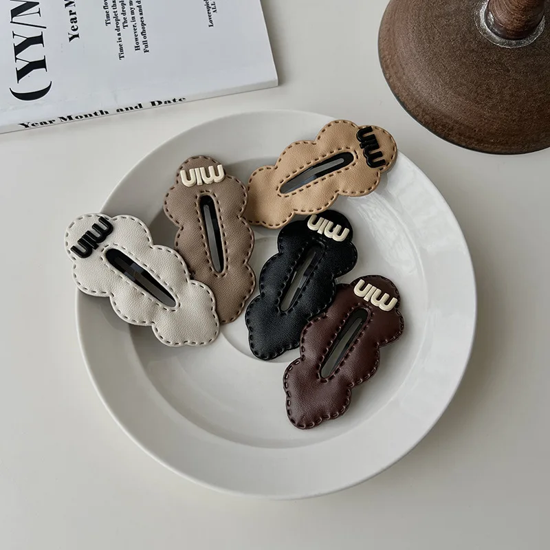 

Ins Celebrity Style Autumn Winter PU Leather Cloud BB Cream Coffee Color Cute Min Letter Hairpin Student Temperament Hairpin