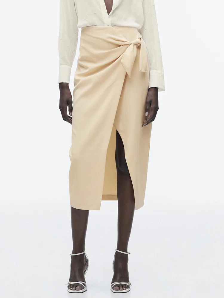 

Women Skirts 2023 Fashion Tie Knot Wrap Style Office Elegant Skirt High Waist Sexy Front Slit Hem Date Night Pencil Midi Skirt