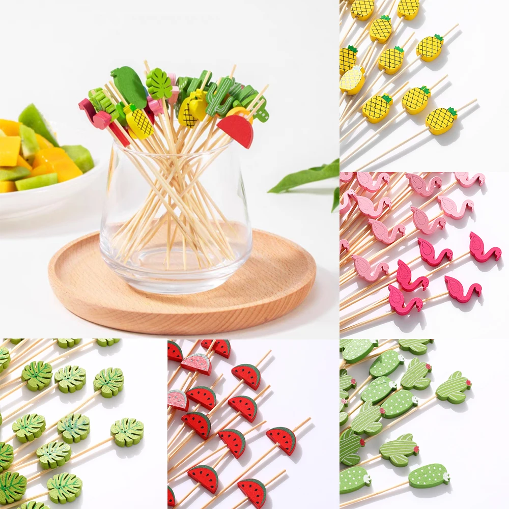 

50/100pcs Flamingo Pineapple Bamboo Pick Fruit Cupcake Dessert Cocktail Decorative Pick for Summer Hawaii Party Wedding Decors