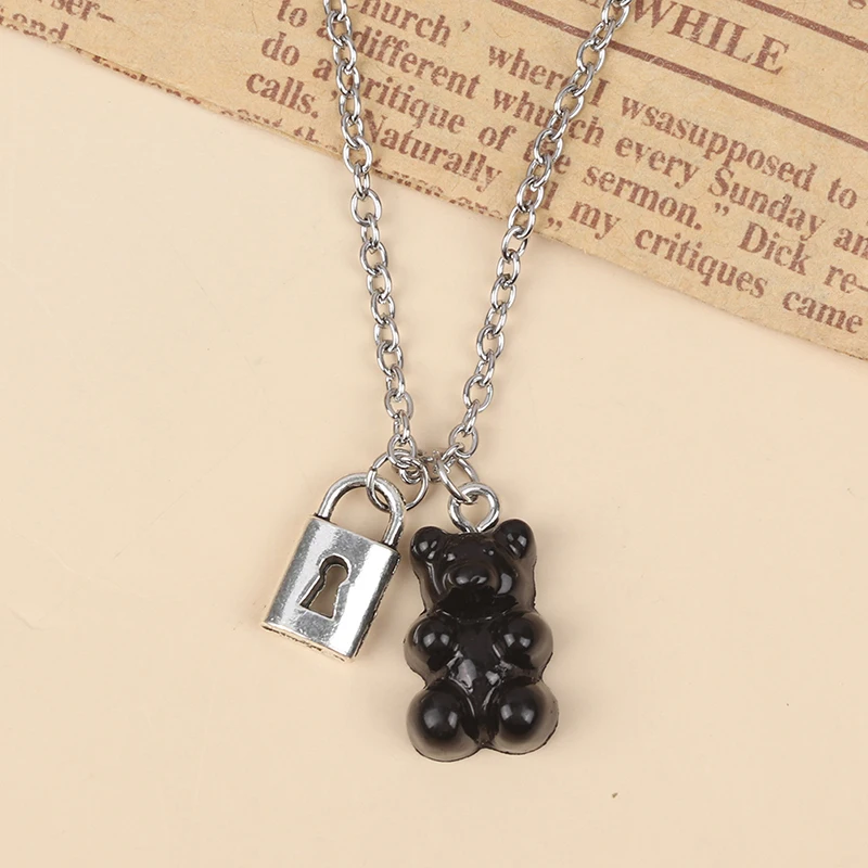 

Korean Fashion Hollow Lock Black White Bear Women Pendant Necklaces for Couple Jewelry Friendship Chain Necklaces Accessories
