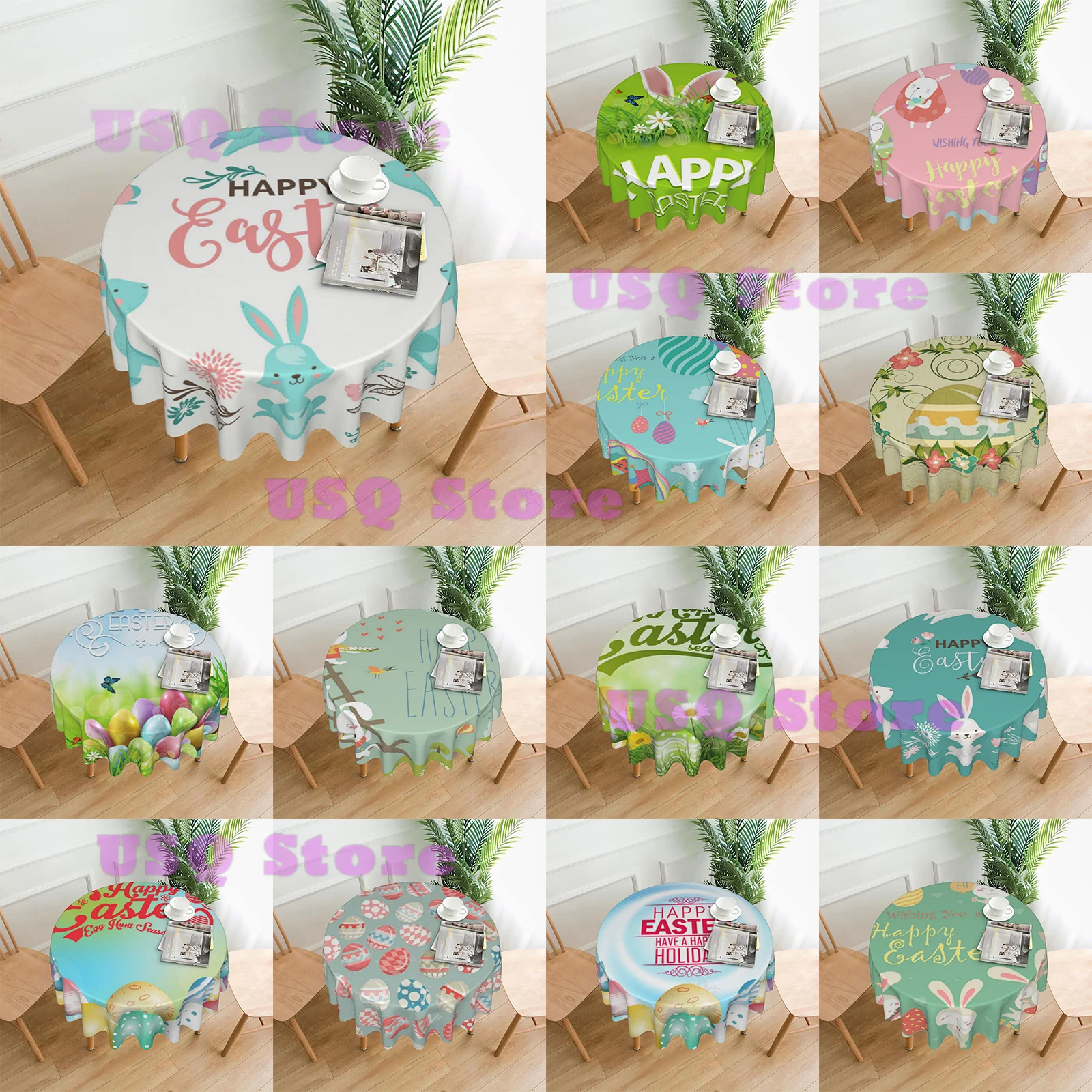 

Easter Round Tablecloth Table Cover Washable 60” Table Cloth for Kitchen Dining Room Party Picnic