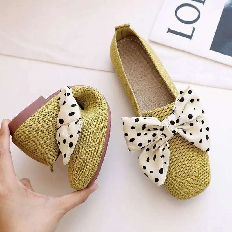 Red square toe flats woman slip on barefoot walking shoes 42 women polka dots bowknot loafers ladies knitted stretch moccasins