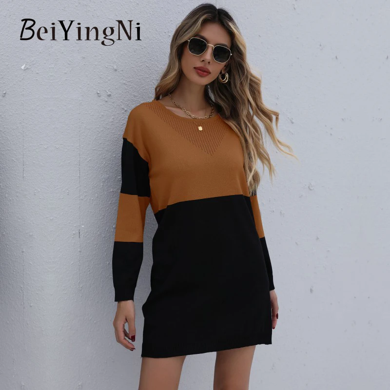 

Beiyingni 2022 Vintage Women's Sweater Dresses Brown Spell Color O-neck Long Sleeve Femme Knitting Dress Loose Casual Vestidos