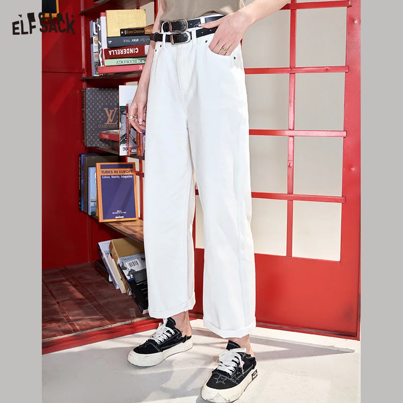 ELFSACK White Straight Jeans Women 2023 Spring Loose High Waist Daily Trousers