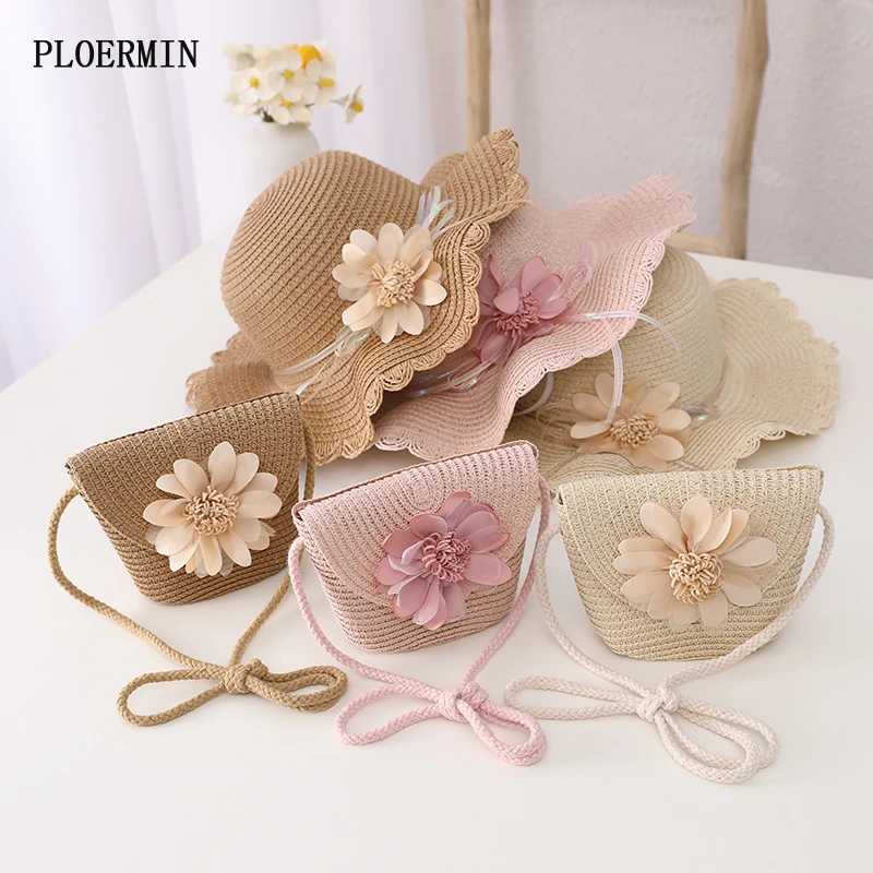 2022 New Summer Girls Fashion Sweet Flowers Baby Hat And Bag Set Beach Child Princess Baby Hats For Kids Accessories 2-8 Years