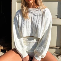 new two piece knitted short top casual shorts solid color twist round neck long sleeved sweater knitted shorts two piece suit