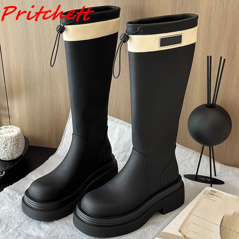 

Mixed Colors Microfiber Women Boots Black/white Elastic Band Flat With Thick Sole Classic All-match Fashion Mid Calf Boots
