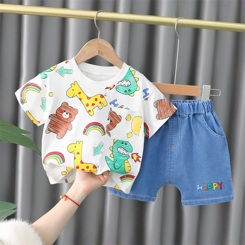 

Baby Tracksuit Summer Girls Boys Clothing Sets Kids T Shirt Denim Shorts 2 Pieces Suit Children Clothes Cartoon Infant Outfit