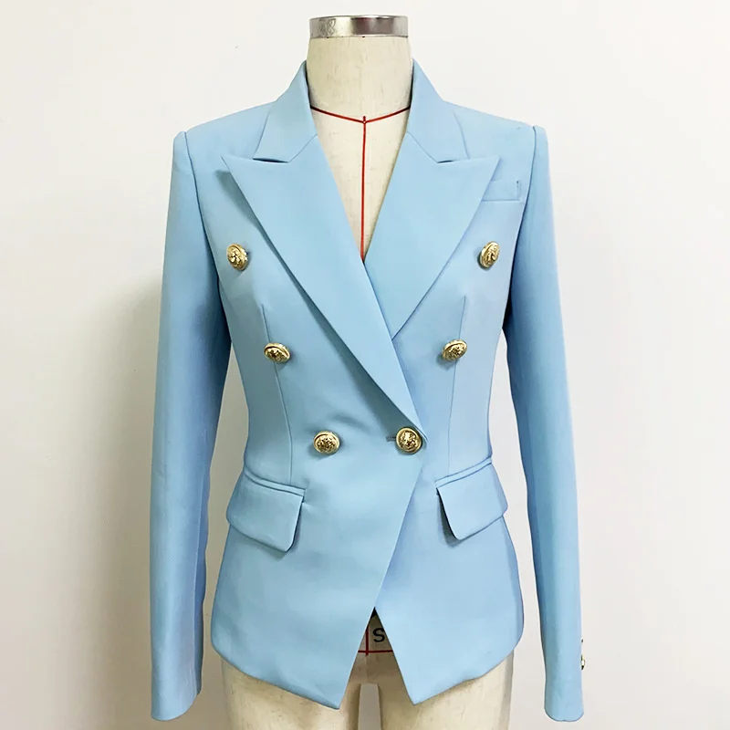 Designer Blazer Jacket Baby Pink Blue 2022 New Female Gold Lion Double Breasted Buttons Slim Suit Business Women's Blazers Top