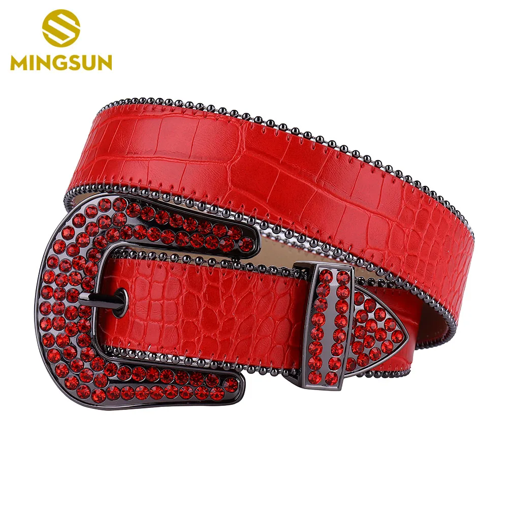 Red Leather Belts for Women Vintage Bling Large Rhinestone Buckle Luxury Black Alloy Diamond Tail Men Belt Cinturones Para Mujer