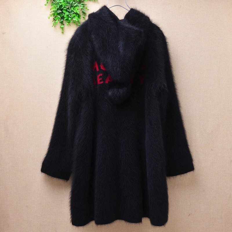 1.3KG female women winter thick warm hairy embroidery mink cashmere knitted long sleeves hooded cardigan angora fur coat sweater