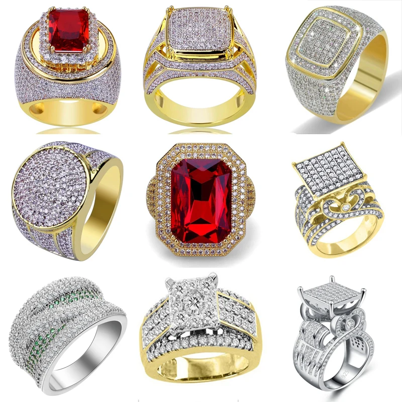 

Fashion Bling Rings for Men Women Metal Big Stone Geometric Square Finger Ring Gold Color Large Hearts Men's Ringen