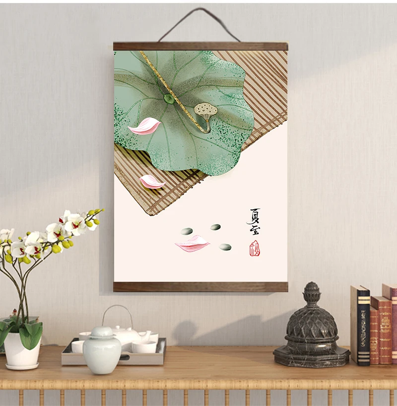 Chinese style green plants canvas decorative painting Store bedroom living room wall art solid wood scroll customizable |