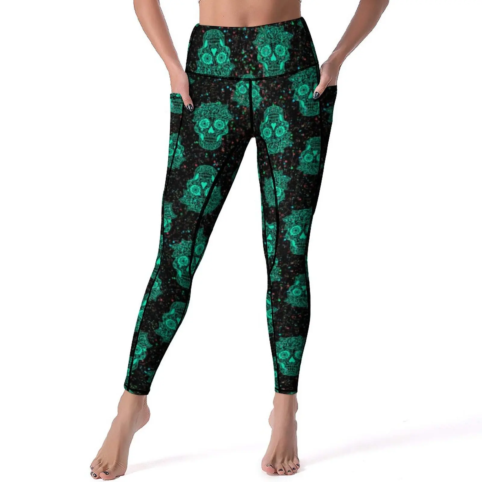 

Funky Sugar Skull Leggings Colorful Dots Print Push Up Yoga Pants Funny Stretchy Yoga Legging Custom Fitness Running Sport Pants