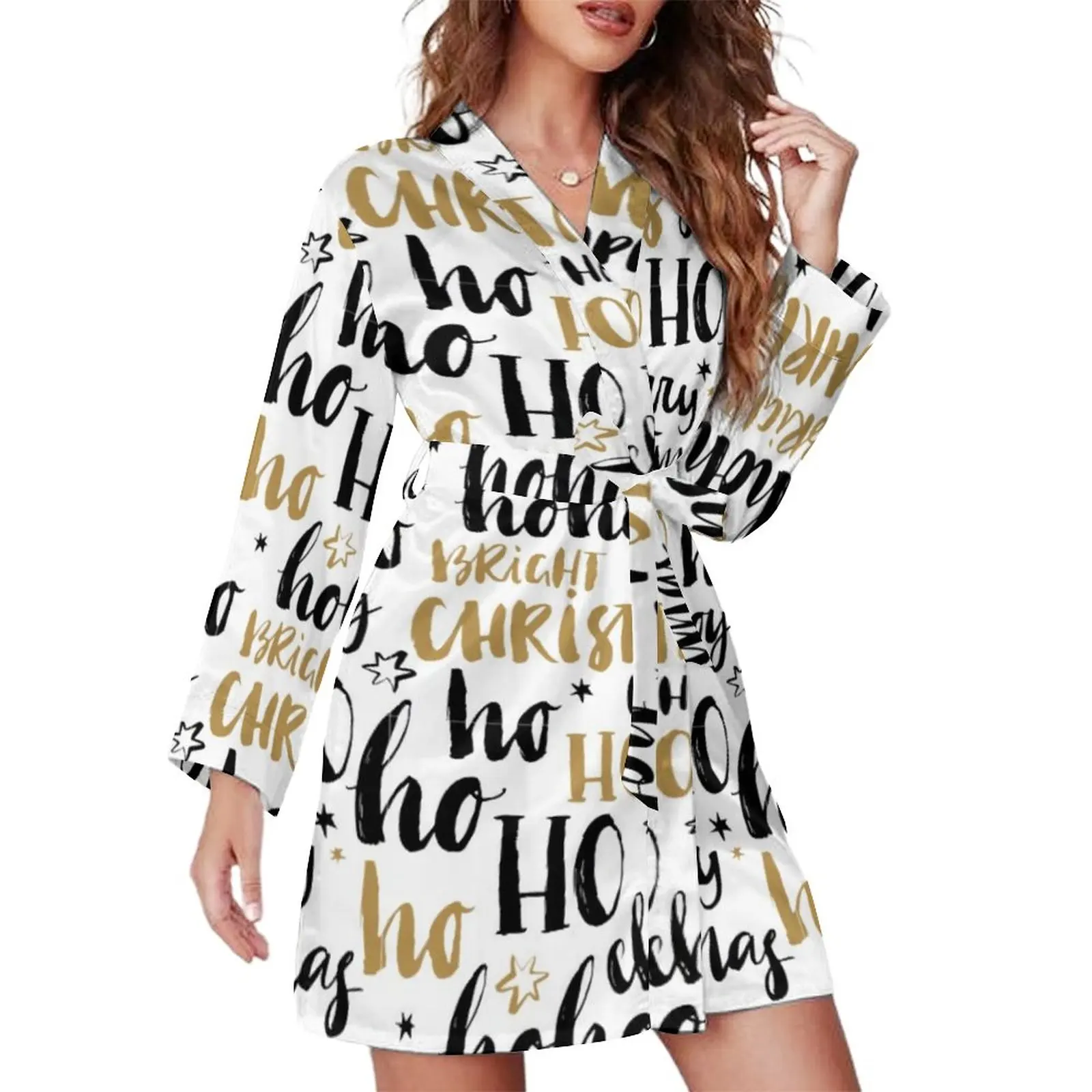 

Word Art Aestheti Pajama Robe Womens Christmas Letter Print Casual Sleepwear Long Sleeve V Neck Pajamas Robes Spring Sexy Dress