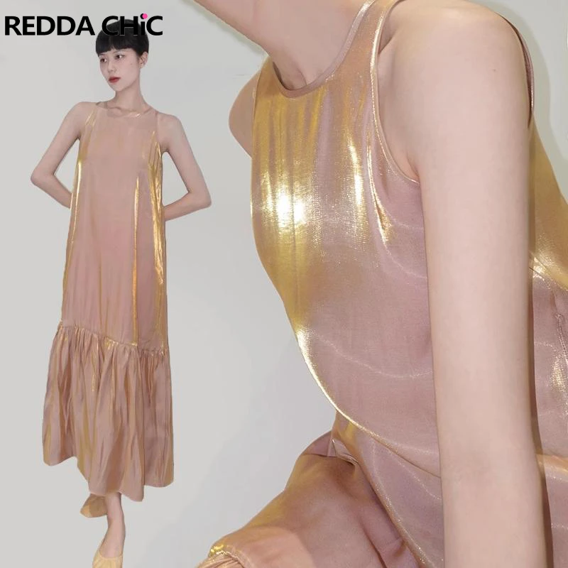 

ReddaChic Balloon Blossom Casual Day Dress for Women Fariycore Ruffle Hemline Sleeveless Long Sundress Minimalist Female Clothes