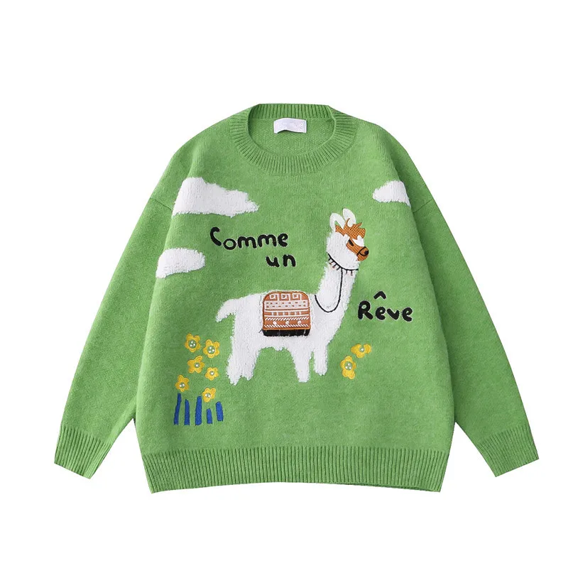 

Harajuku Cute Cartoon Alpaca Embroidery Sweater O-neck Pullover Autumn New Women's Warm Long-sleeved Knitted Tops Fruit Green
