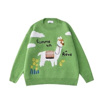harajuku cute cartoon alpaca embroidery sweater o neck pullover autumn new womens warm long sleeved knitted tops fruit green