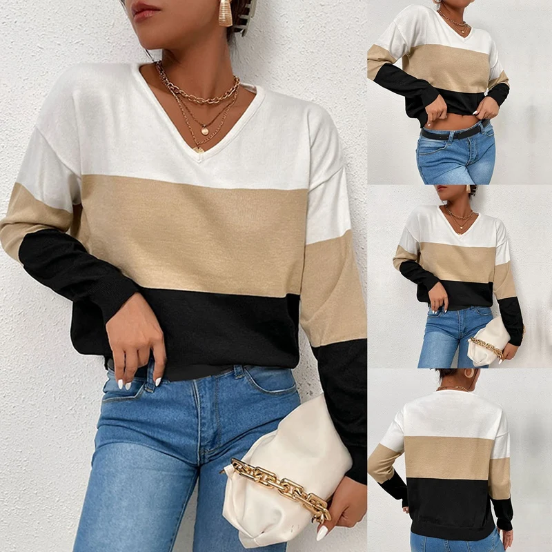 

Womens V Neck Long Sleeve Striped Long Sleeved Knitted Sweaters Pullover Khaki