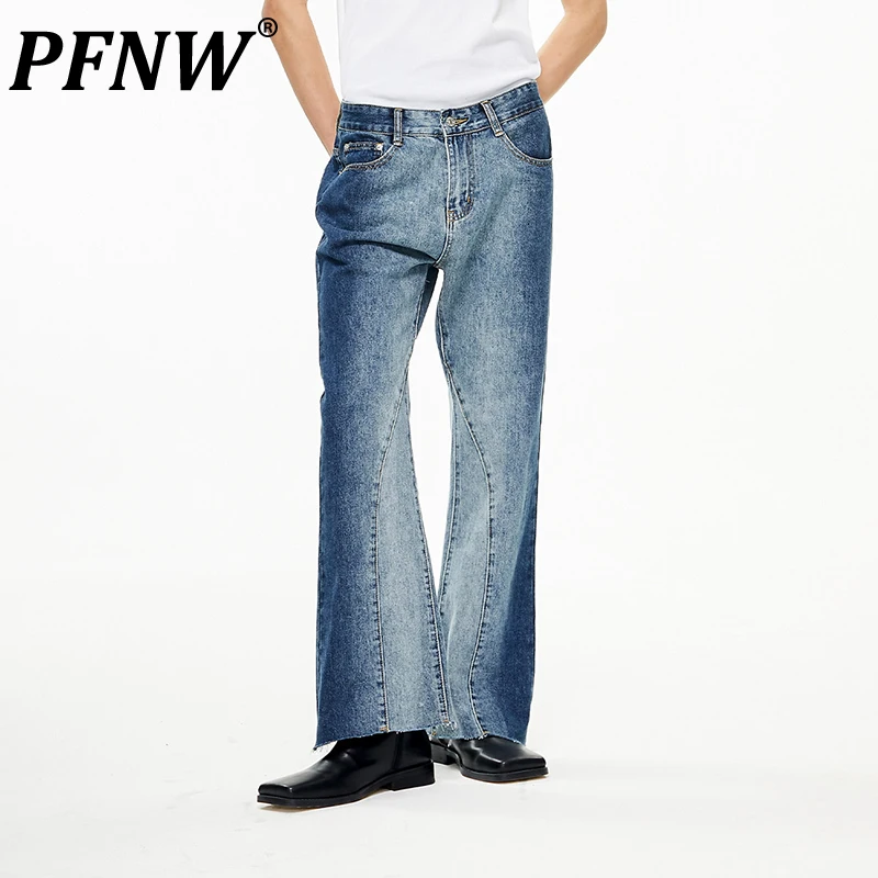 

PFNW Spring Autumn New Men's Micro Flare Jeans Gradient Fashion Color Contrast High Street Straight Loose Denim Pants 28A0318