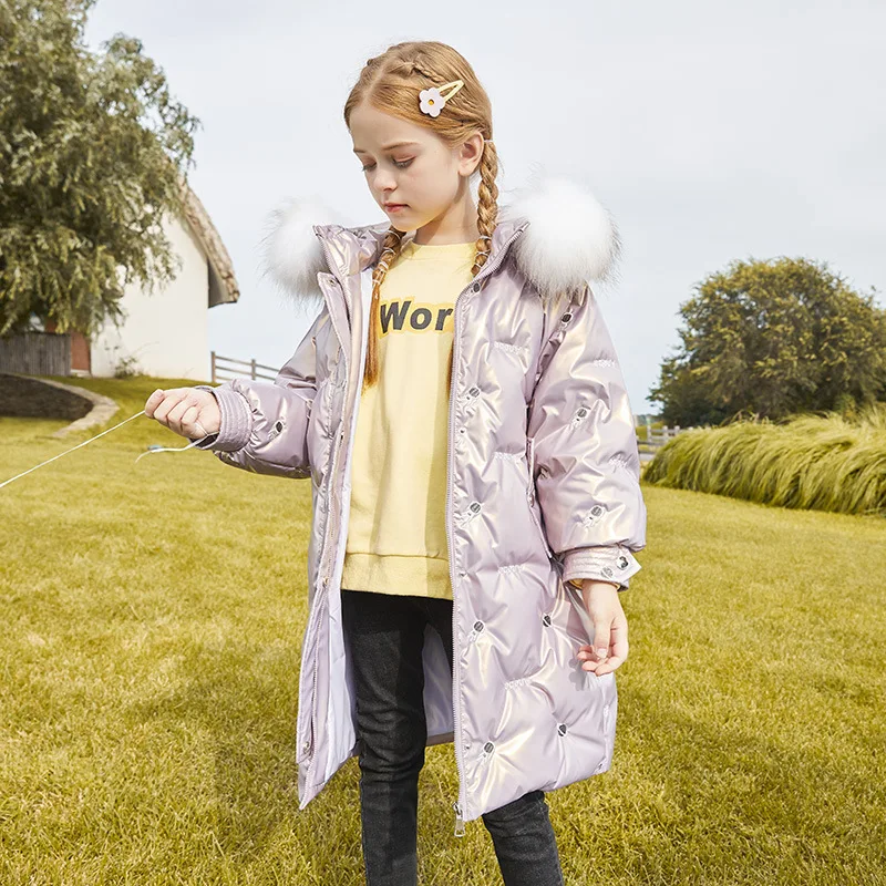 

-30 Degrees winter children's down jacket Girls fashion warm & thick coat Large children's hooded real fur collar duck down coat