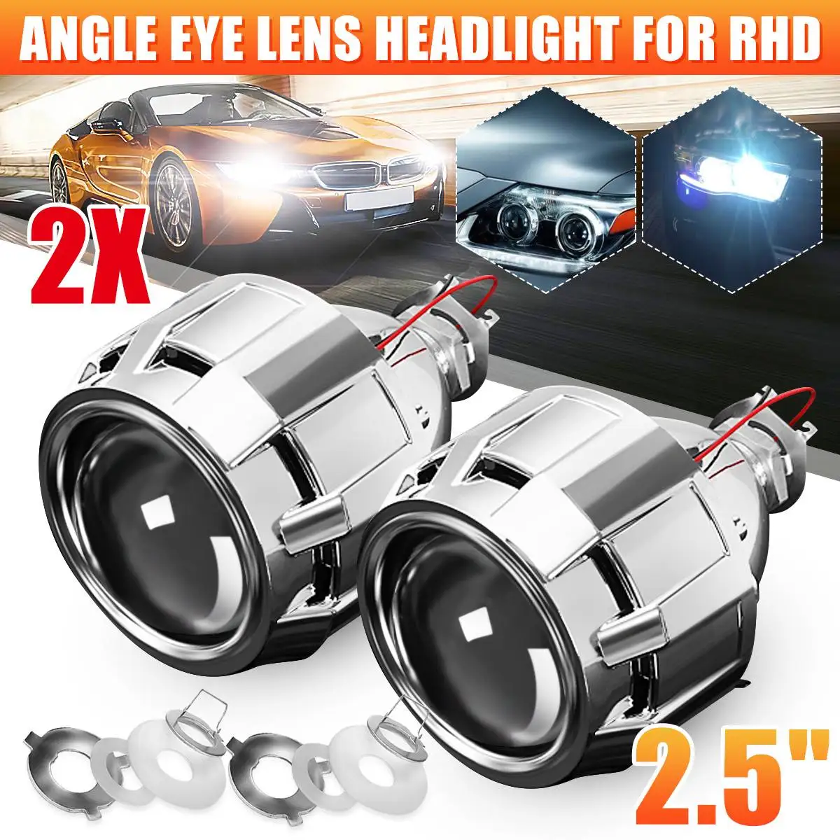 

2.5" RHD Car Motor Bi-xenon HID Projector Angle Eye Lens Headlight Kit Headlight Bulb Shroud Lamp Adapter H1/H7/H4 Bulb