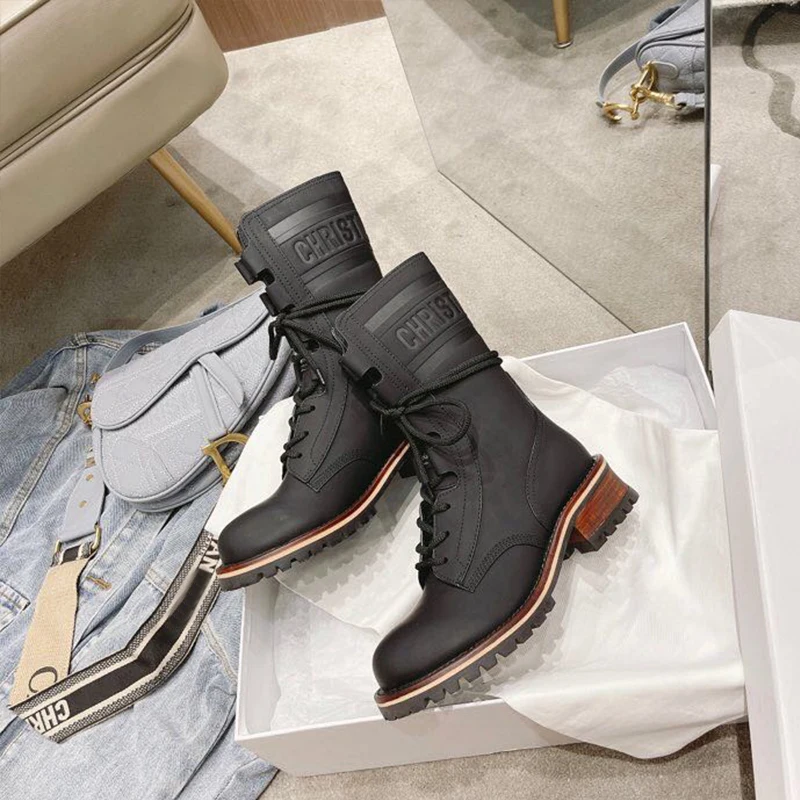 

Autumn Winter Women Ankle Boots Thick-heeled Female Martin Boots Thick-soled Women Motorcycle Lace-up Letters Boots