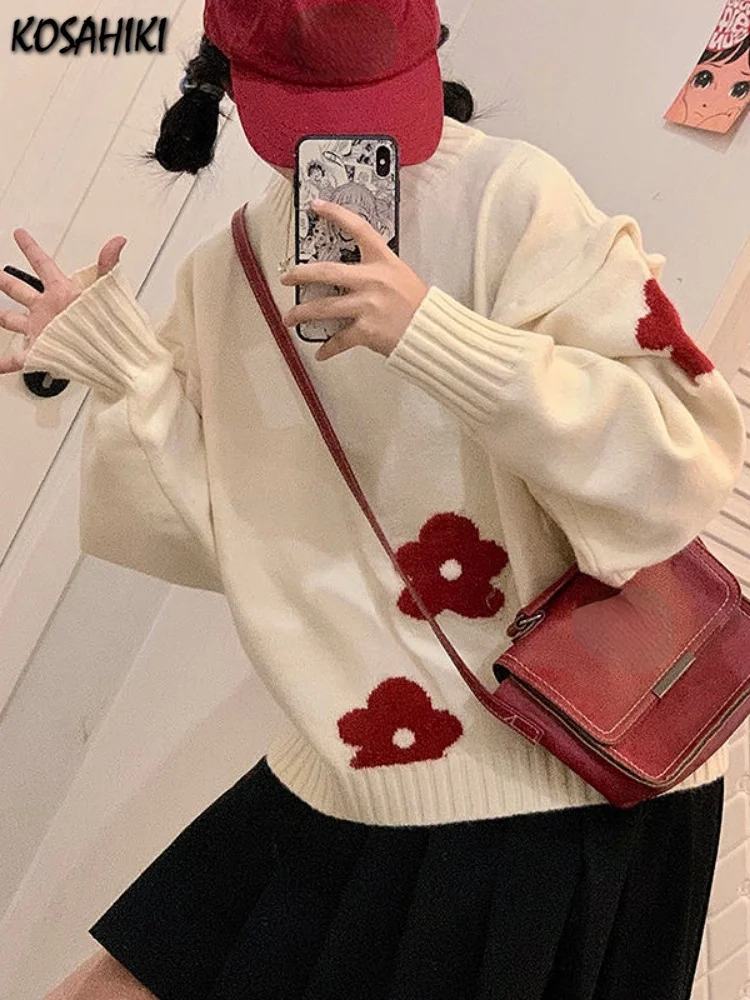 

Japanese Kawaii Sweater Women Vintage Floral Jacquard Pullover Harajuku Jumper Y2k Tops Fashion Casual Knit Pull Sueter