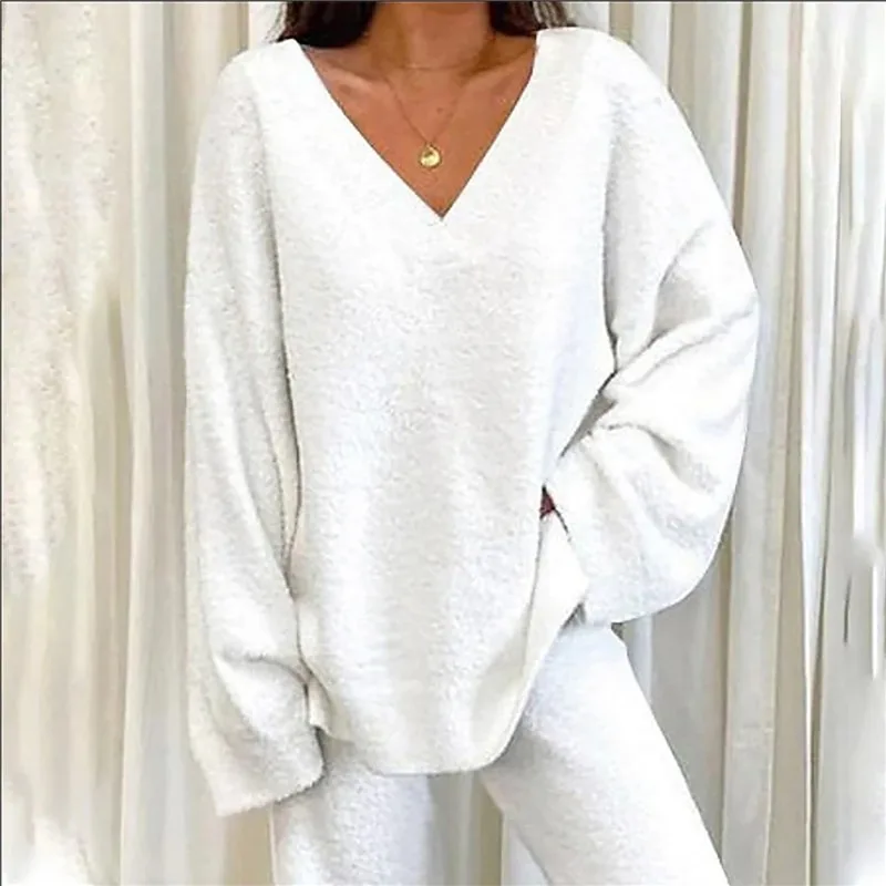 

Winter Comfortable Solid Homewear Two Piece Sets Women V-neck Long Sleeve Pullover+Pants Warm Suit Casual Daily Pajama Outfits